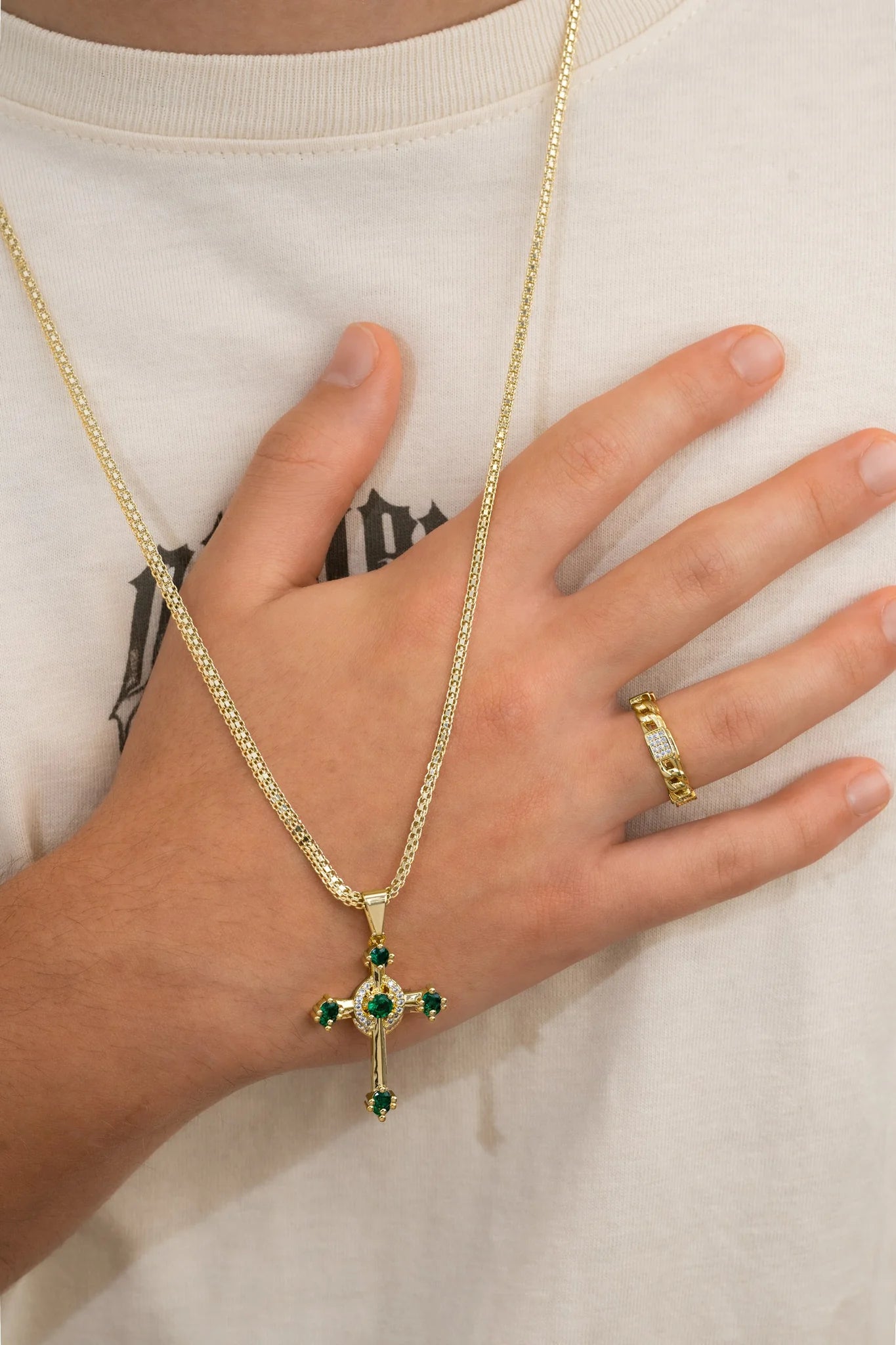 Cadena Tejido Chino 3 mm 65 Cm + Dije Cruz Verde