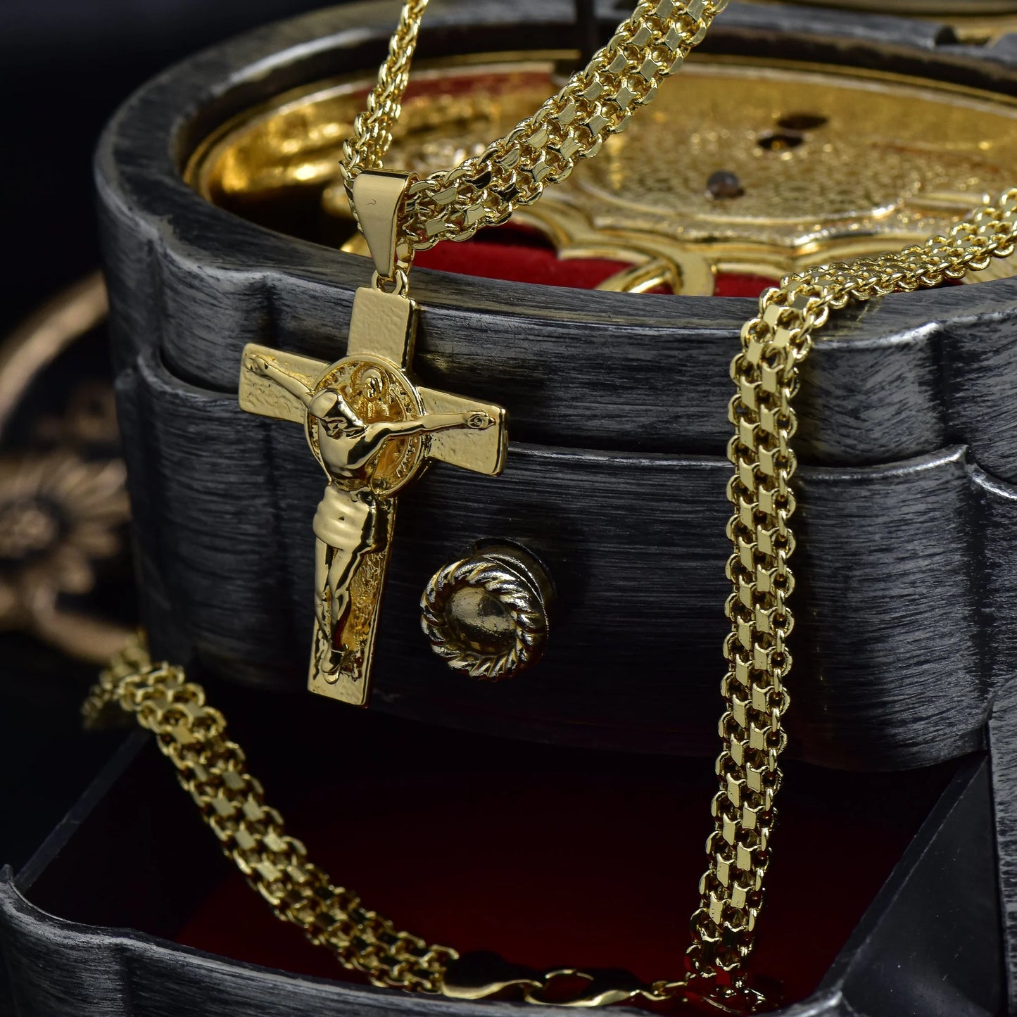 Cadena Tejido Chino Doble Carril 65 Cms + Dije Cruz San Benito