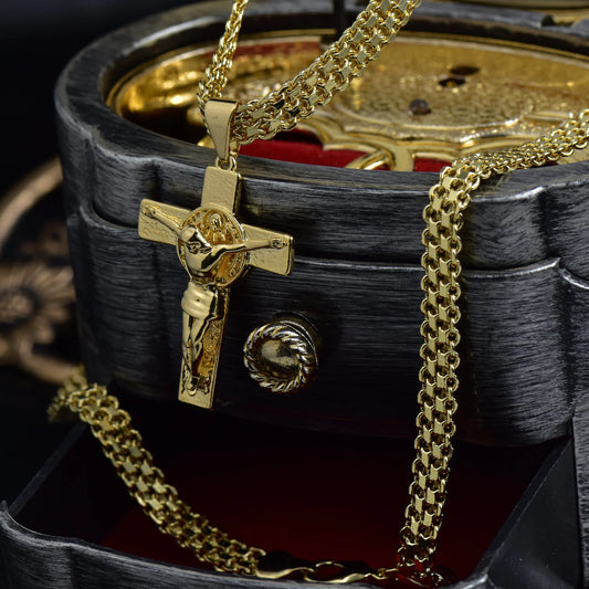 Cadena Tejido Chino Doble Carril 65 Cms + Dije Cruz San Benito