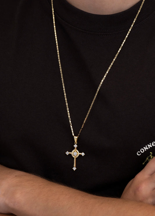 Cadena Escalera Delgada Plana Lisa 65 Cms + Dije Cruz Cristal