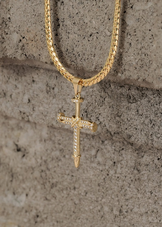 Cadena Serpiente 4 mm 65 Cms + Dije Cruz Clavos Circonias Cristal