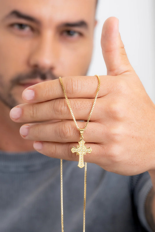 Cadena Veneciana Gruesa 65 Cms + Dije Cruz Sagrada Circonias Cristal