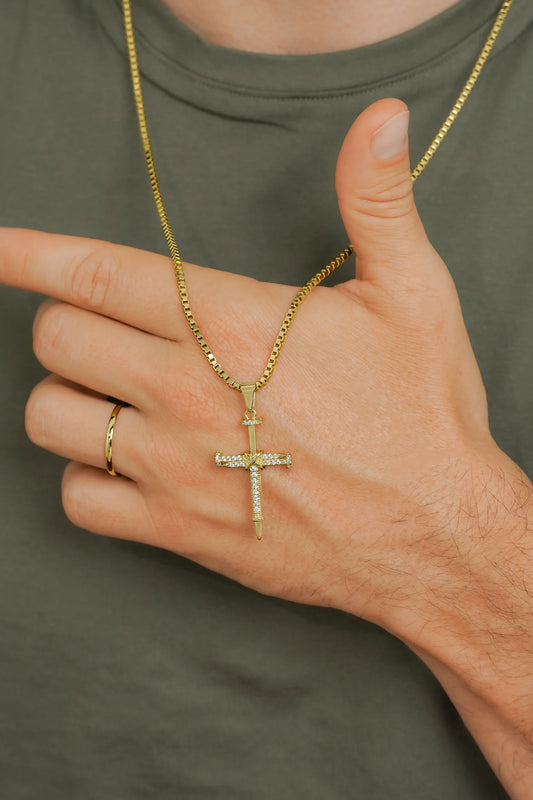 Cadena Veneciana Gruesa 65 Cms + Dije Cruz Clavos Circonias Cristal