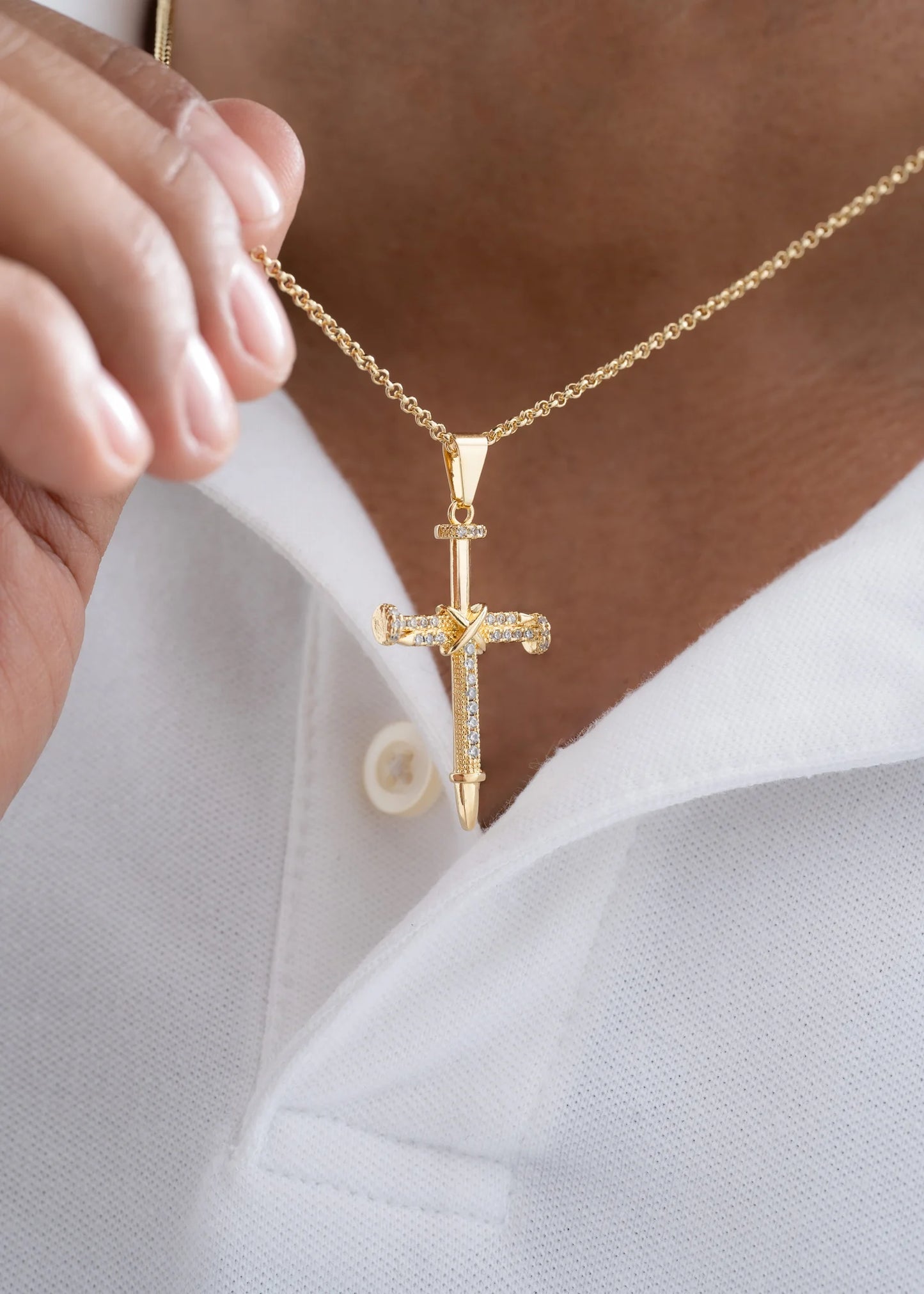 Cadena Aros 2 mm 65 Cm + Dije Cruz Clavos Circonias Cristal