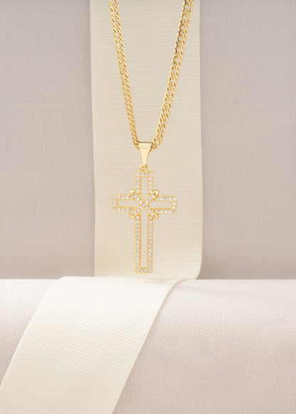 Cadena Continua 3mm 45cm + Dije Cruz Silueta Circonias 3.5cms